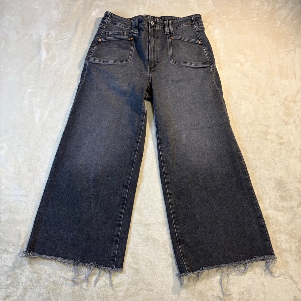 PAIGE Anessa Petite High Rise Wide Leg Cropped Jeans Frayed Hem Black Size 30